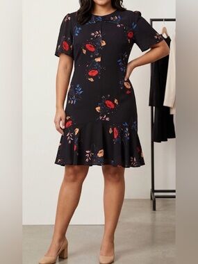 Black Floral Midi Dress with Flutter Sleeves